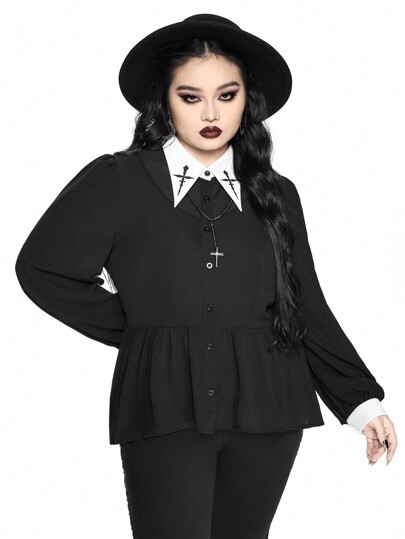 Chemise décontractée à manches longues, col volant gothique avec croix, pour femme grande taille, printemps et automne