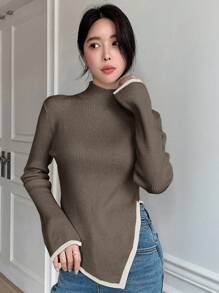 DAZY 女士休闲撞色边不对称下摆针织毛衣，秋季女装 - 紫紅色 - 查看 5