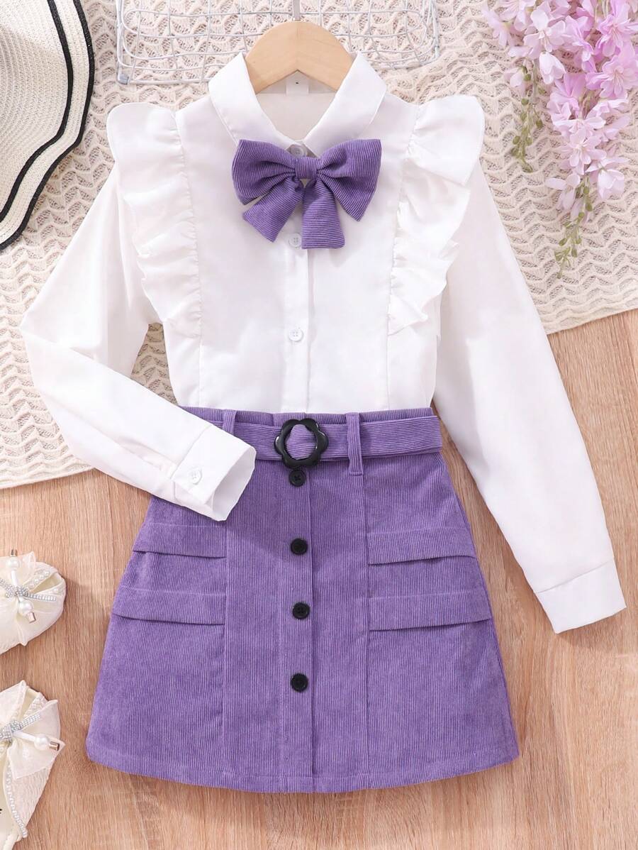 2pcs Tween Girls Ruffled Trim Blouse And Skirt Casual Set, Spring & Fall - Purple - View 1