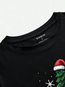 INAWLY 1 Áo thun cổ tròn tay ngắn in hình cây thông Noel thường ngày cho nữ, thích hợp cho ngày lễ, quần áo áo thun họa tiết Áo thun họa tiết cho nữ - màu đen - Xem 3