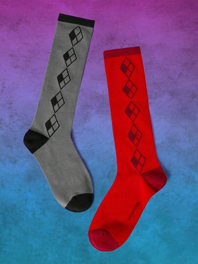 Harley Quinn | ROMWE 1 Pair  Inspired Women's Jacquard Checker Calf Socks