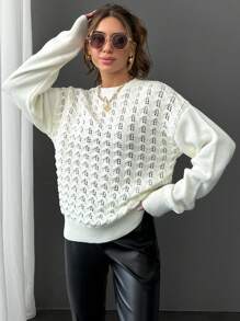 EURMUSE Casual Crew Neck Texture Knit Hollow Out Sweater - White - View 5