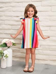 SHEIN 小女童撞色條紋圖案荷葉邊連衣裙 - 彩色 - 查看 1
