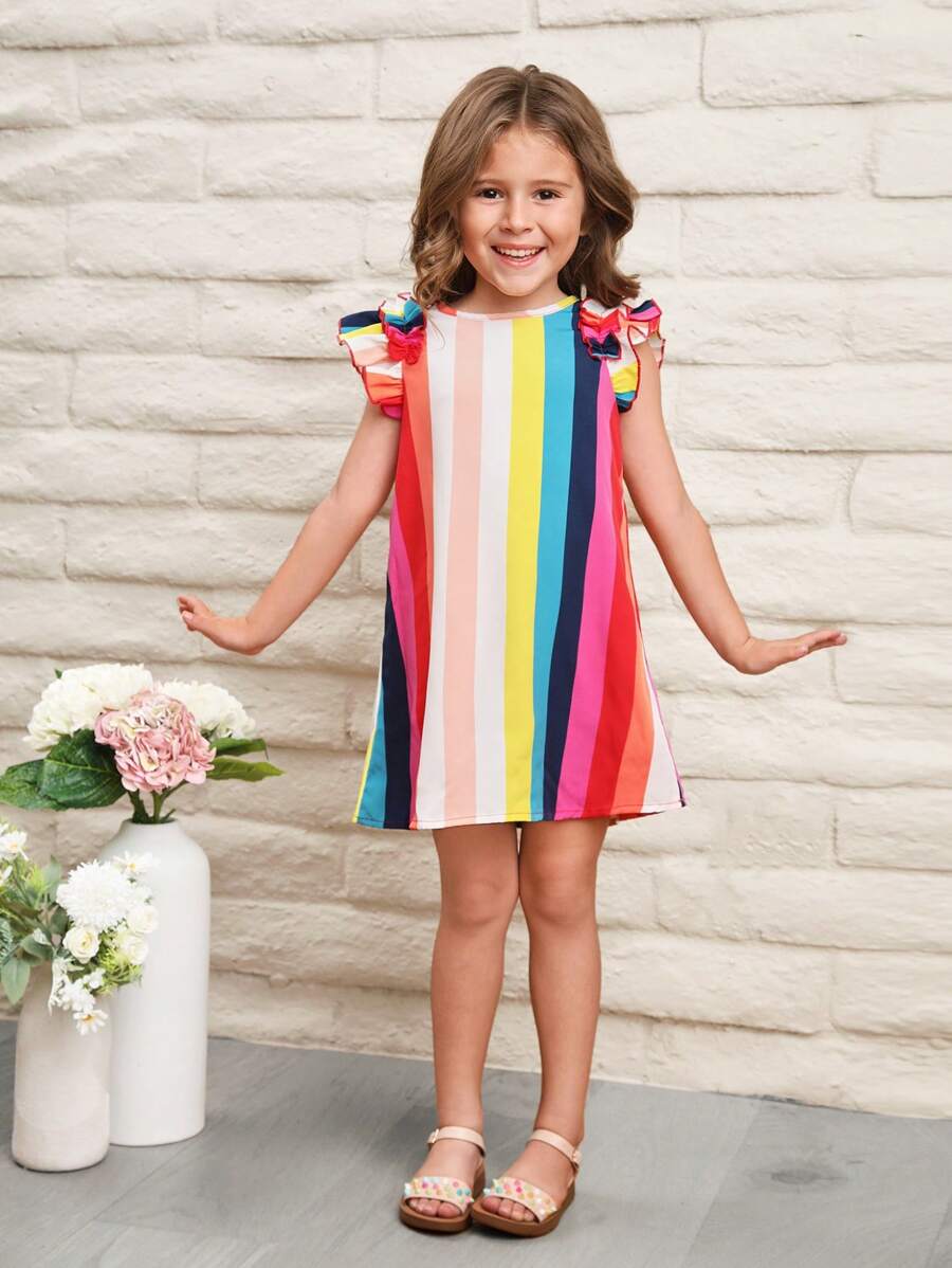 SHEIN 小女童撞色條紋圖案荷葉邊連衣裙 - 彩色 - 查看 1
