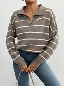 EURMUSE Women's Striped Print Collared Long Sleeve Pullover Sweater - Mocha Brown - View 4