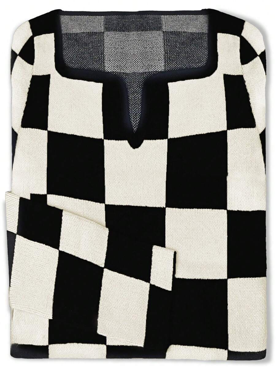 Chiquease Stylish Elegant Checkered Waist Slim Fitted Knit Sweater, Chic Design For Autumn/Winter, Knit Pullover Fall - Multicolor - View 1