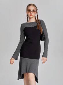 SHEIN 少女圆领拼色不对称下摆长袖连衣裙 - 彩色 - 查看 4