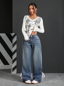 SHEIN PETITE 女士侧条纹口袋宽腿宽松休闲百搭牛仔裤 - 藍色 - 查看 4