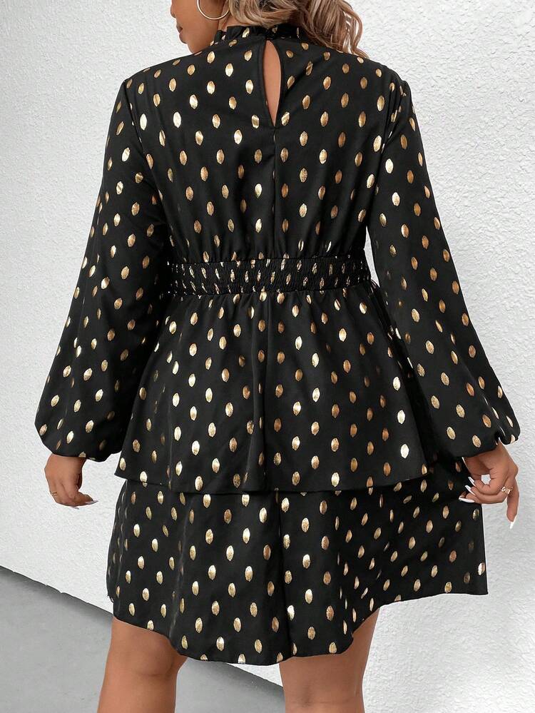 Plus Gold Dot Print Lantern Sleeve Two Layer Hem Dress Fall Cloth For Women