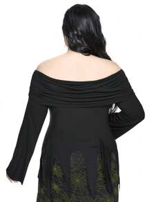 ROMWE Plus Size Gothic Romantic Off Shoulder Flare Sleeve Simple Fitted T-Shirt - Black - View 4
