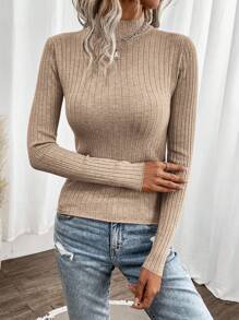 SHEIN Clasi Áo len chui đầu bó sát cổ đứng tay dài màu trơn cho nữ, mùa thu/đông, áo dài tay - Màu Khaki - Xem 4