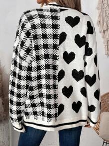 SHEIN LUNE Women's Heart & Houndstooth Pattern Drop Shoulder Long Sleeve Single-Breasted Cardigan, Autumn/Winter Fall Cloth For Women - Black and White - View 2