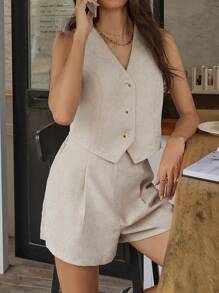 SHEIN Frenchy 2pcs Women Casual Striped Print V-Neck Buttoned Vest & Folded Pleated Shorts Set Homecoming Outfit Sets Winter Two Pieces Sets Fall Sets Elegant Summer - Apricot - View 5