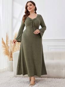 Mulvari Vestido de manga larga con escote en forma de corazón y punto acanalado, talla grande, para mujer - Verde militar - Ver 5