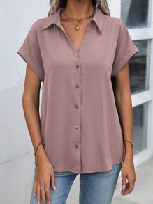 EMERY ROSE Áo sơ mi tay ngắn màu trơn có cổ gập, mùa hè - Bụi hồng - Xem 7