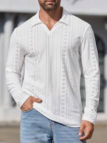 GENTILAND 男士提花针织贴身休闲长袖立领 Polo 衫，适合秋季 - 白色 - 查看 1