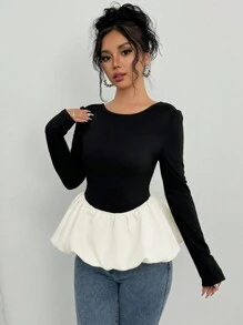 Chiquease Áo thun nữ cổ tròn dài tay màu tương phản viền bèo nhún cho mùa xuân và mùa thu - Đen và trắng - Xem 1