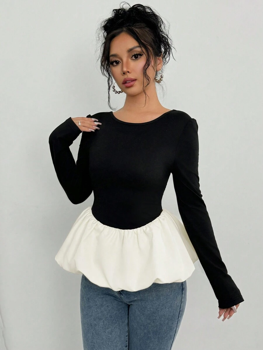 Chiquease Áo thun nữ cổ tròn dài tay màu tương phản viền bèo nhún cho mùa xuân và mùa thu - Đen và trắng - Xem 1