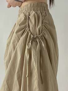 DAZY Women's Elastic Waist Ruffle Skirt With Drawstring, Flowy Casual Skirt, Spring/Summer Low Rise - Khaki - View 3