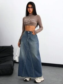 SHEIN ICON 秋季休闲牛仔裙，带毛边 - 藍色 - 查看 6