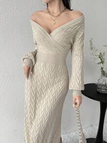 Modelyn Women's Solid Color V-Neck Wrap Around Long Sleeve Sweater Dress