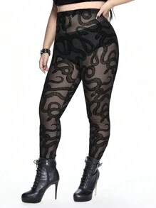 ROMWE Quần legging trong suốt họa tiết da rắn Gothic cỡ lớn - màu đen - Xem 3