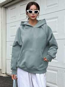 DAZY 女士休闲字母印花连帽抓绒卫衣，秋冬季 - 藍色 - 查看 3