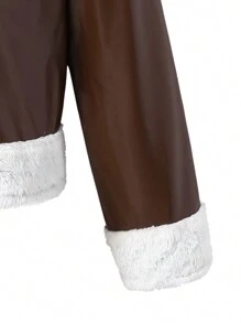 SHEIN Tween Girl Letter Patched Fluffy Zipper Front Moto Jacket - Coffee Brown - View 3