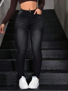 SHEIN Essnce Autumn Casual Water Washed Slant Pocket Skinny Denim Jeans - Black - View 8