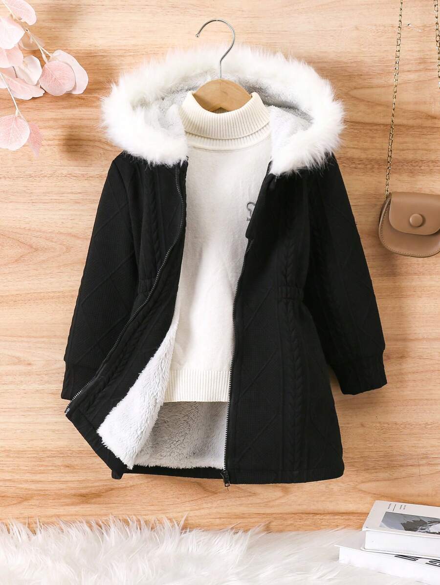 SHEIN 1pc Young Girl Patchwork Fluffy Hooded Jacket - Black - View 1