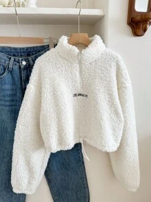 SHEIN Leap Crew Teen Girls White Stand Collar Zipper Thermal Lined Warm Pullover Sweatshirt,In Fall/Winter - White - View 8