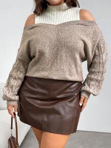 SHEIN Privé Plus Size Women Contrast Color Knitted French Style Apricot Pullover Sweater - Multicolor - View 3