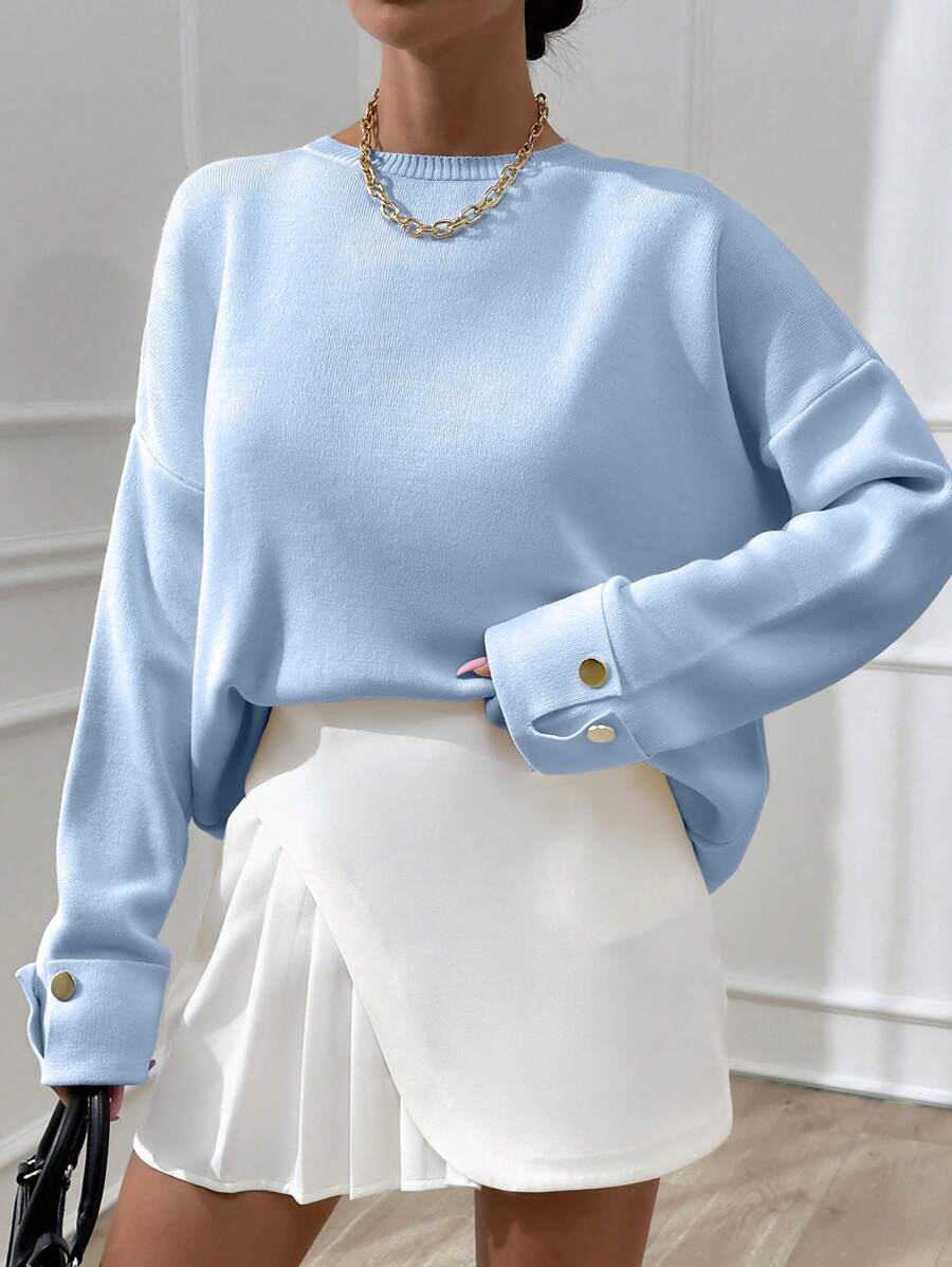 EURMUSE 女士双袖纽扣细节超大厚冬季毛衣 温暖触感 - 淺藍色 - 查看 1