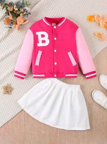 SHEIN Young Girl Spring/Autumn Letter Print Striped Long Sleeve Baseball Jacket And Mini Skirt Casual 2pcs Outfit - Hot Pink - View 3