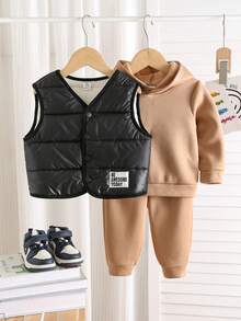 SHEIN Conjunto de 3 piezas para bebé niño: Chaqueta con capucha y chaleco abrigado, y pantalones. Ropa adecuada para otoño, invierno, actividades al aire libre/esquí - Multicolor - Ver 3
