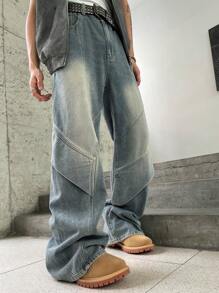 Manfinity EMRG 男士浅蓝色水洗复古做旧喇叭牛仔裤，男士阔腿牛仔裤，男士 Y2k 牛仔裤，男士喇叭牛仔裤，Y2k 男士阔腿牛仔裤