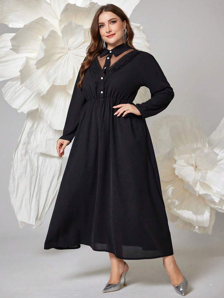 Modelyn فستان فخم بأكمام طويلة بلون واحد وياقة على شكل V وتصميم وصلات الدانتيل، فساتين أنيقة فاخرة قصة A للمساء والحفلات والأحداث الخاصة، فساتين سهرة طويلة - الأسود - مشاهدة 1