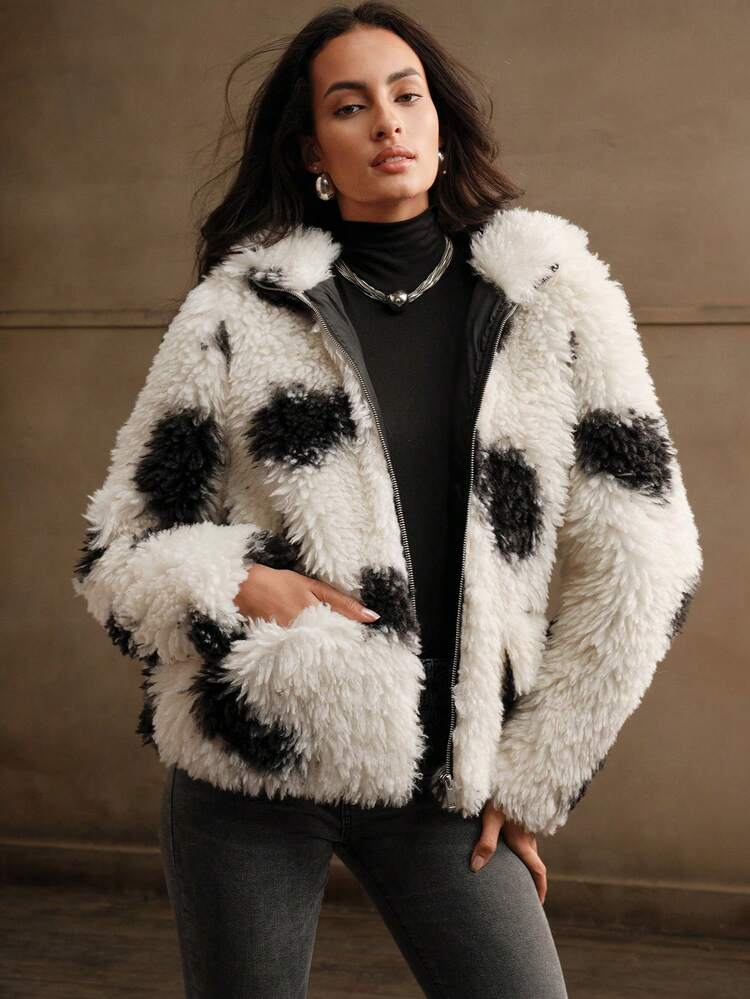Floral Fluffy Cow Print Fluffy Mid-Length Classic Versatile Women Fluffy Coat