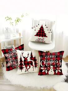 Set 4 Sarung Bantal Natal Ultra Lembut - Desain Rusa & Pohon, Cetak Satu Sisi, Sempurna untuk Dekorasi Sofa & Kamar Tidur, Dapat Dicuci dengan Mesin, Penutup Resleting - 17,7"X17,7" & 15,7"X15,7", Isi Bantal Tidak Termasuk - MultiWarna - View 1