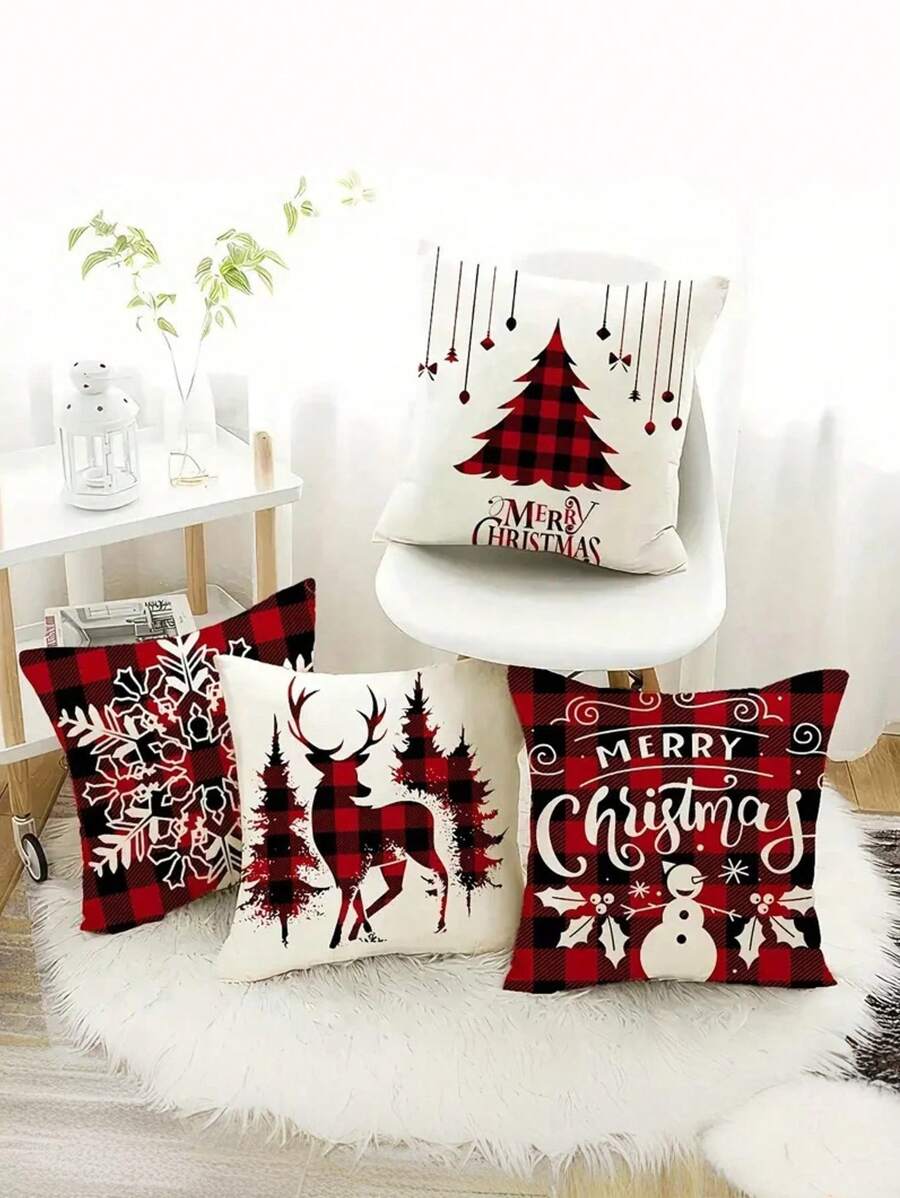 Set 4 Sarung Bantal Natal Ultra Lembut - Desain Rusa & Pohon, Cetak Satu Sisi, Sempurna untuk Dekorasi Sofa & Kamar Tidur, Dapat Dicuci dengan Mesin, Penutup Resleting - 17,7"X17,7" & 15,7"X15,7", Isi Bantal Tidak Termasuk - MultiWarna - View 1