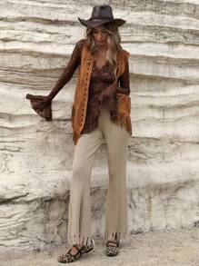 Aveloria High Waisted Belted Wide Leg Ripped Detail Relaxed Fit Women's Knit Pants