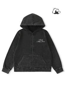 Manfinity Homme Men's Spring & Autumn Letter & Hand Gesture Printed Zip-Up Hoodie, Zipper Hooded Sweatshirt - Black - View 2
