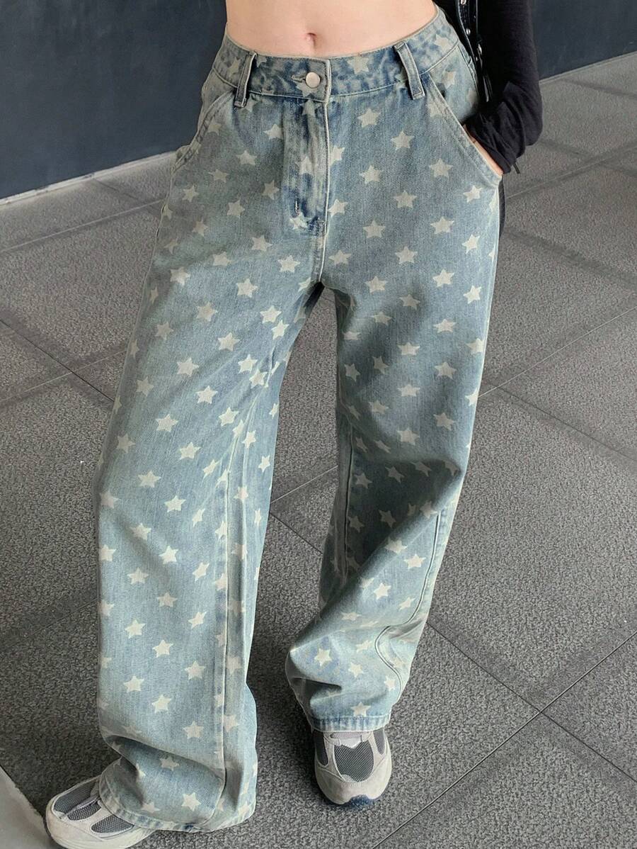 DAZY Loose Casual Women's Star Print Wide Leg Loose Pocket Jeans Y2k