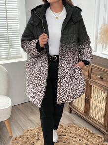EMERY ROSE 大码女式豹纹长袖连帽休闲长款外套，冬季女装 - 彩色 - 查看 4