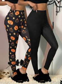 SHEIN EZwear Women's Halloween Pumpkin Print Leggings, 2 Pieces Set - Multicolor - View 1