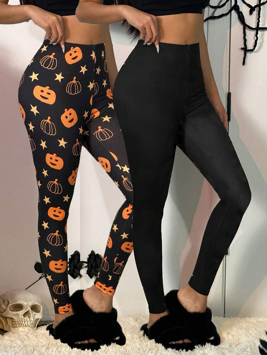 SHEIN EZwear Women's Halloween Pumpkin Print Leggings, 2 Pieces Set - Multicolor - View 1