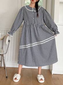 DAZY Floral Ruffled Loose Fit Nightgown In Country Style Pajama - Navy Blue - View 6