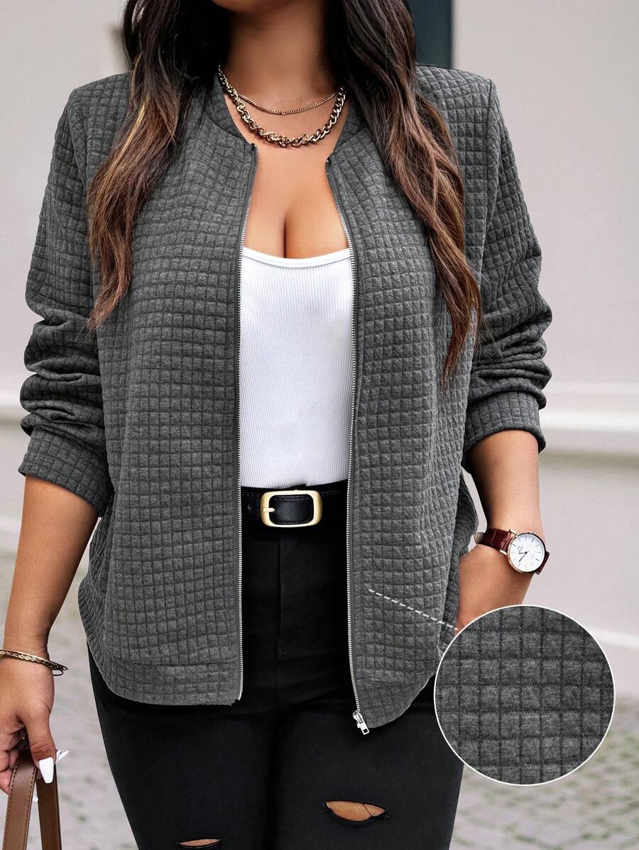 EMERY ROSE Plus Size Solid Color Front Zip Up Long Sleeve Minimalist Jacket, Casual Everyday Fall Winter Cloth For Women Autumn - Grey - View 1