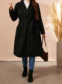 SHEIN LUNE Plus Size Women's Autumn/Winter Embellished Long Sleeve Long Overcoat Fall Cloth For Women - Black - View 4