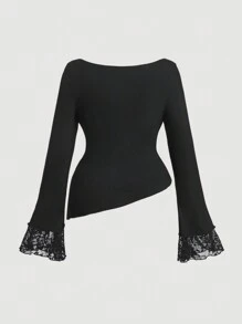 SHEIN MOD 大码优雅黑色不对称蕾丝拼布透明 T 恤 - 黑色 - 查看 2